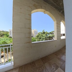 Un balcone con pavimento in pietra e ringhiere bianche, affacciato su una zona residenziale con alberi e edifici.