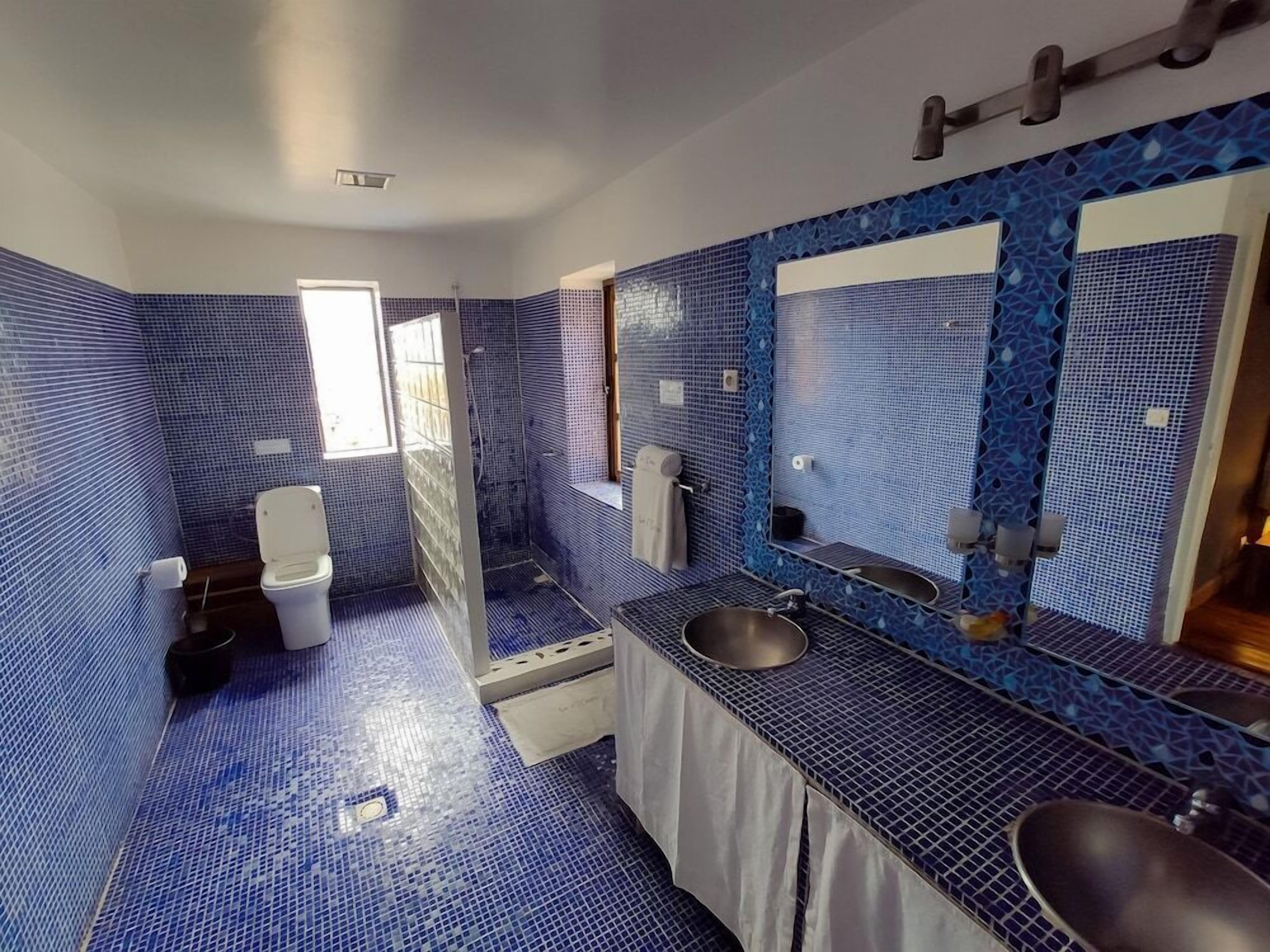 Un baño con mosaicos azules, un espejo grande, un lavamanos y un inodoro.