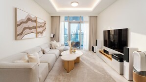 Leilighet – deluxe, balkong, byutsikt | Oppholdsområde