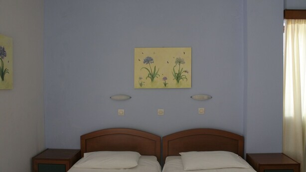 A double bed with a wooden headboard, two bedside tables, and a wall-mounted light fixture. - Iris Apartments and Rooms (Kantanos-Selino)