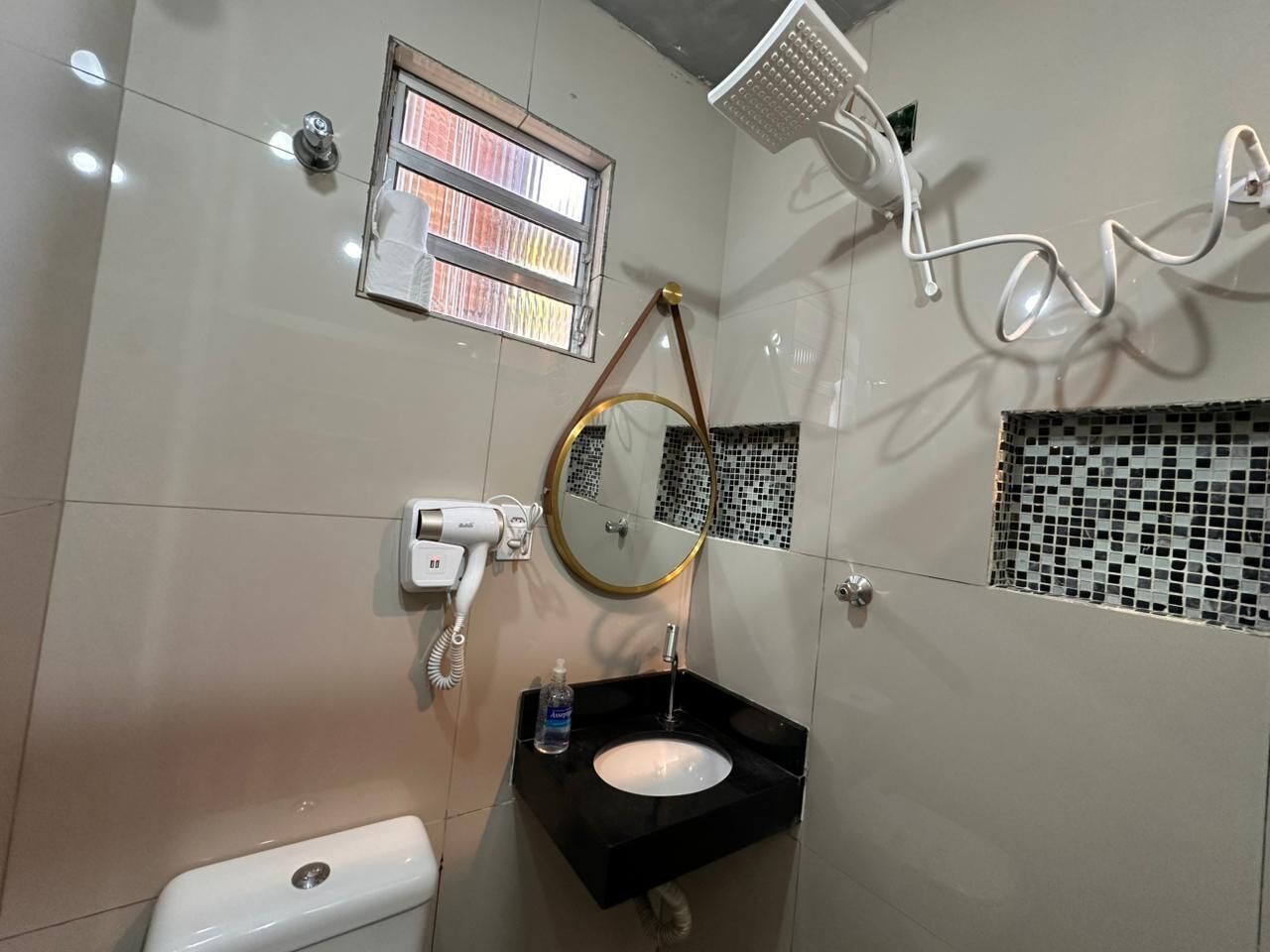 Hair dryer, towels, soap, toilet paper