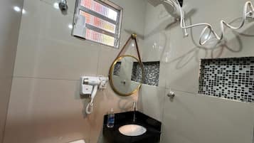 Hair dryer, towels, soap, toilet paper