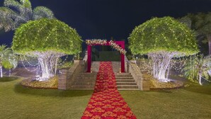 A nighttime outdoor wedding venue with a red carpet, stone steps, and illuminated trees. - Lemon Tree Hotel Baddi (Baddi)