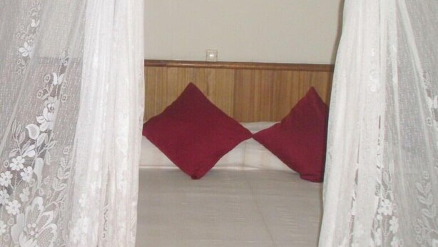 A room with a bed, white curtains, and two red pillows. - Rimba Orangutan Eco Lodge (Kumai)