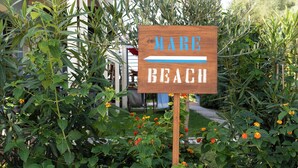 A wooden sign with "Mare Beach" written on it, surrounded by greenery and flowers. - Jasmine Suite Bath Cavallone Directly on the beach, with TENT INCLUDED (Lido di Camaiore)