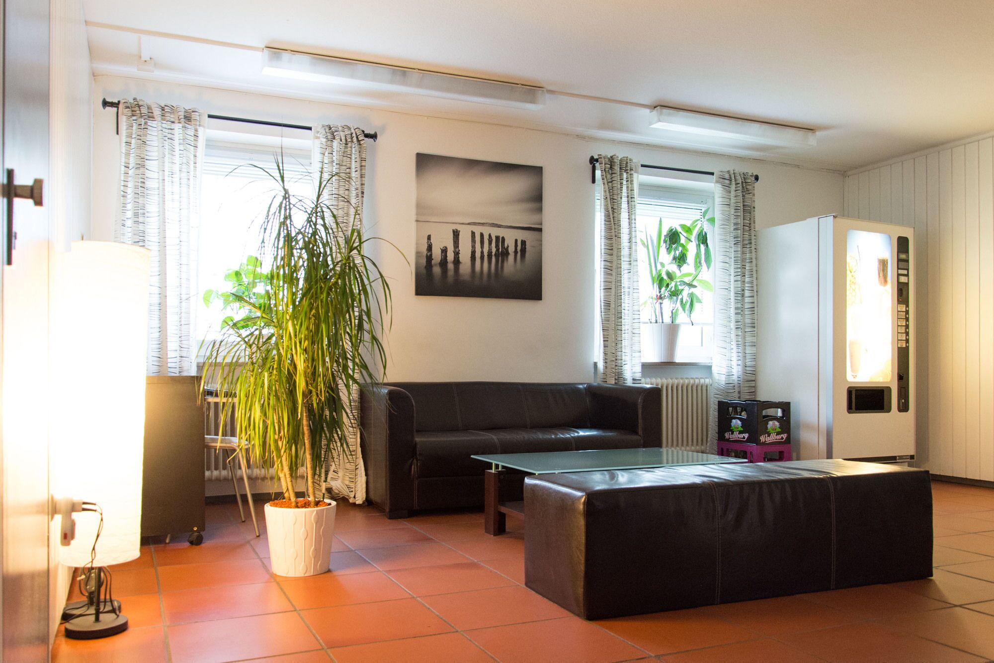A living room with a sofa, a coffee table, a potted plant, a radiator, and a refrigerator.