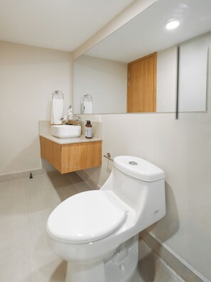 Shower, towels, soap, shampoo