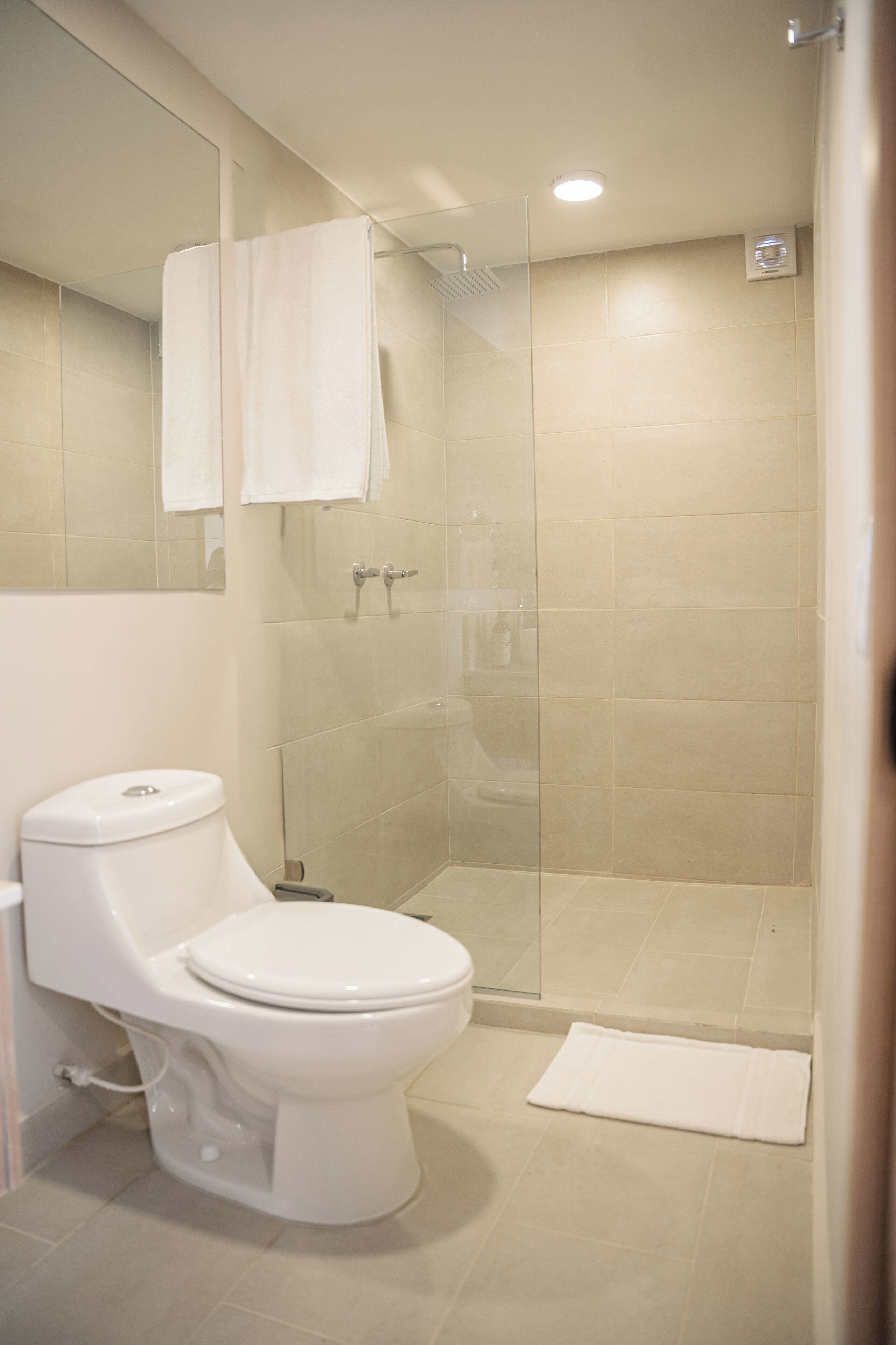 Ducha, toallas, jabón y champú