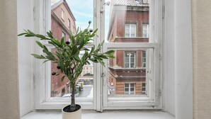 Una planta en maceta sobre un alféizar, con vistas a edificios a través de la ventana.
