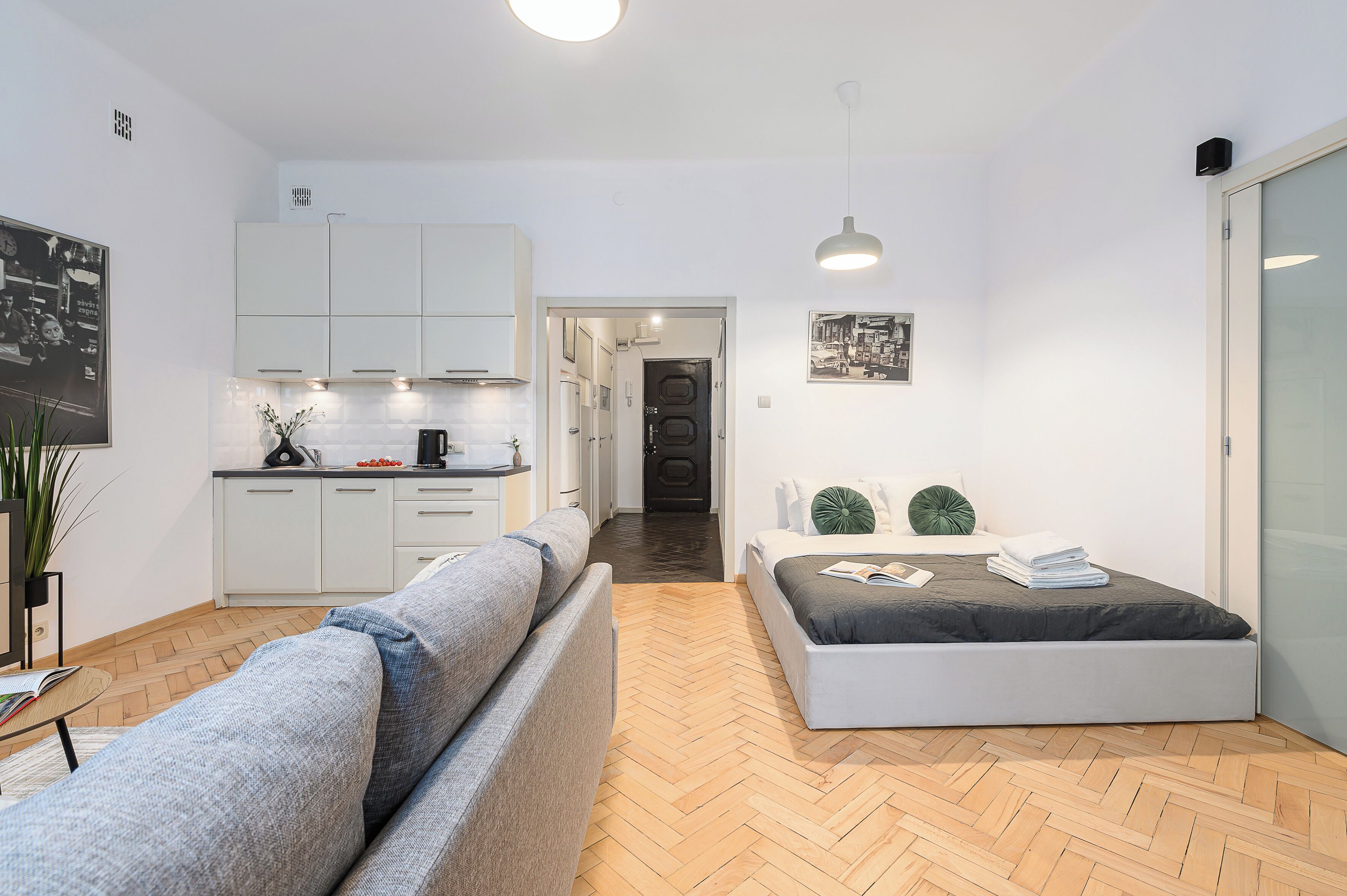 Un appartamento moderno con cucina, un soggiorno con divano, un letto e un corridoio che porta a una porta.