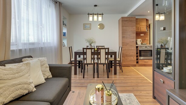 Un salon moderne comprenant un canapé, une table à manger et un coin cuisine.