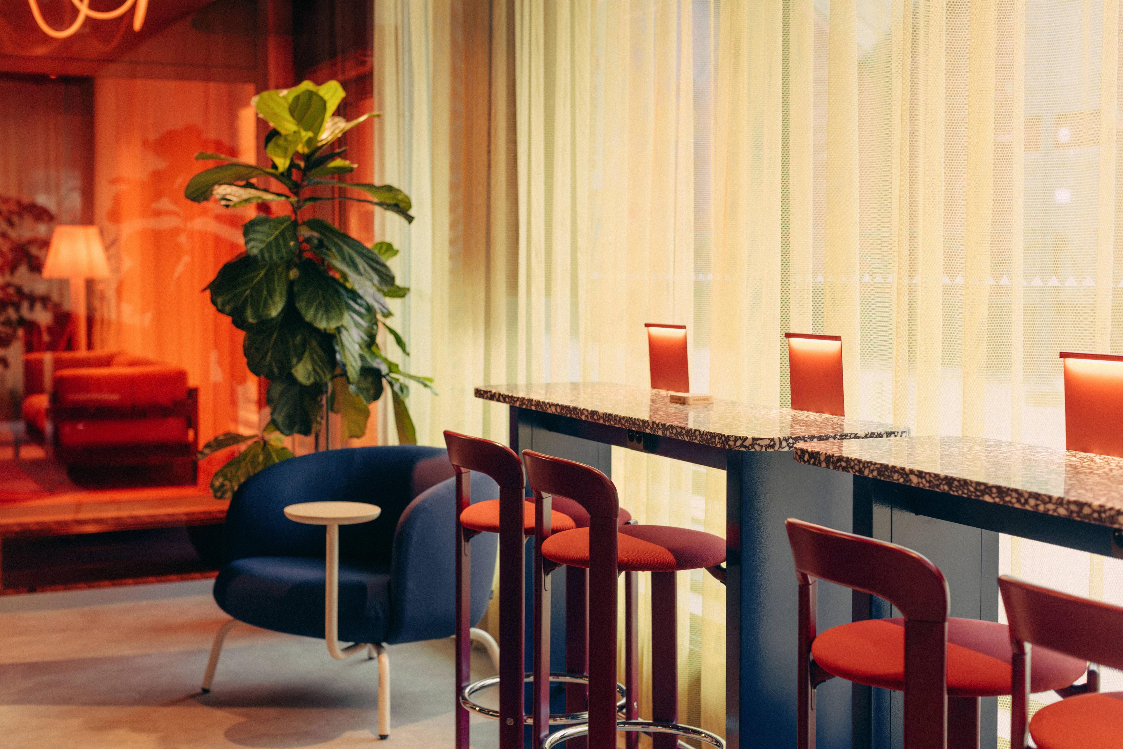 Zona de bar moderna con mostrador, sillas rojas y una planta en maceta.