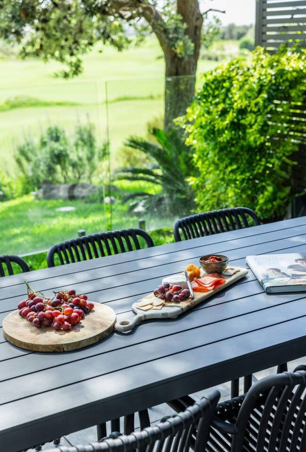 An outdoor dining table with a view of a green landscape, a book, and a cheese board with grapes.
