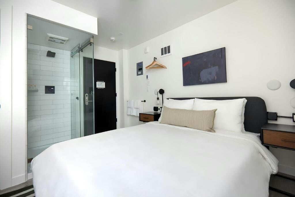 Une chambre d’hôtel avec un grand lit, une douche en verre, une table de chevet avec une lampe, une œuvre d’art accrochée au mur et un cintre en bois.