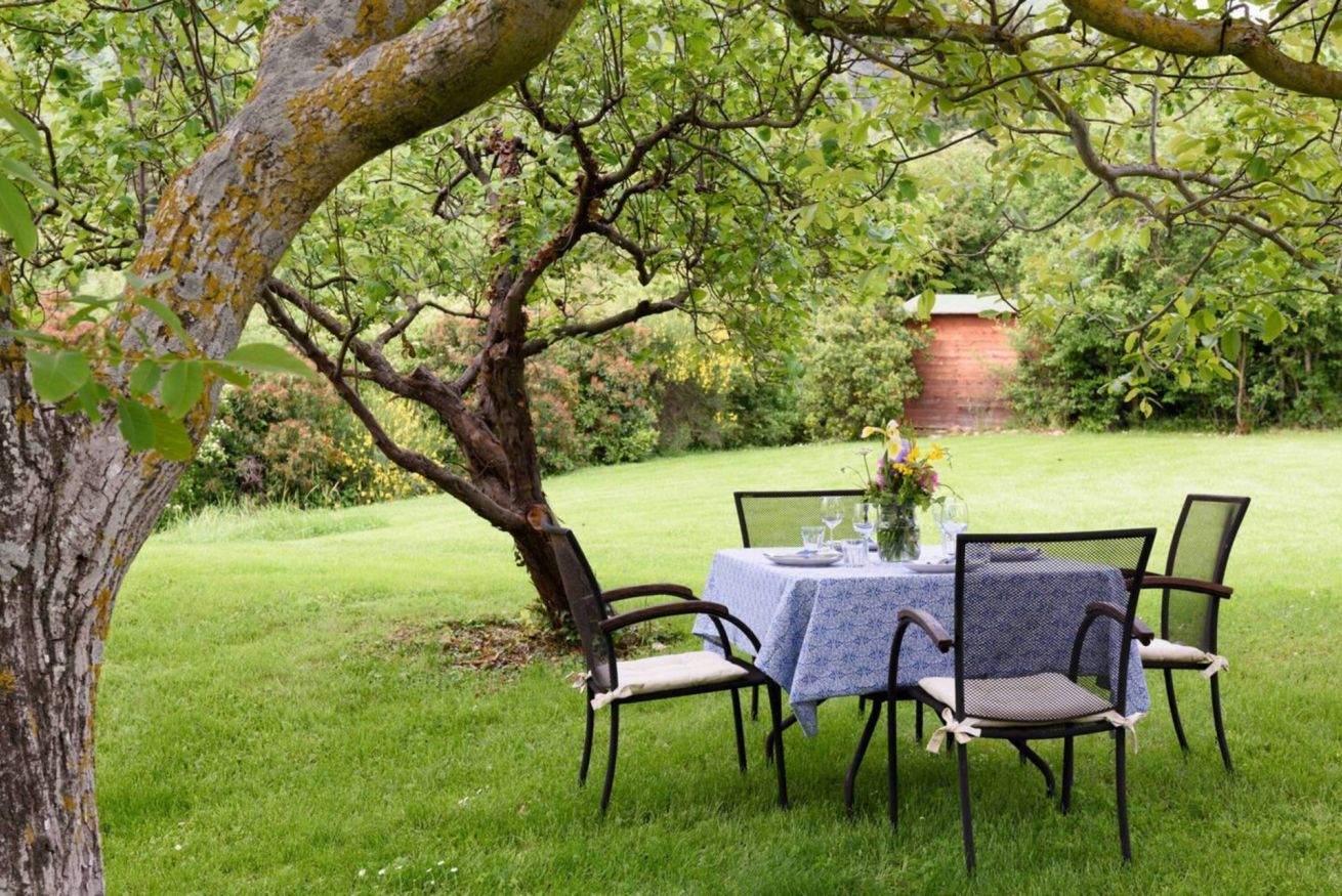 An outdoor dining area with a table set for four, surrounded by chairs, in a grassy garden with trees and a brick wall in the background.