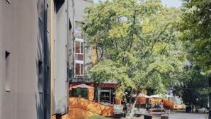 Un espace extérieur aménagé avec des tables et des chaises, un bâtiment sur lequel on peut lire l’inscription « COMBO », et un arbre en arrière-plan.