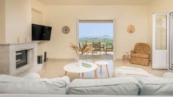 Smart-tv, eldstad och böcker