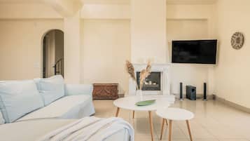 Smart TV, caminetto, libri