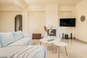 Una Smart TV, una chimenea, libros