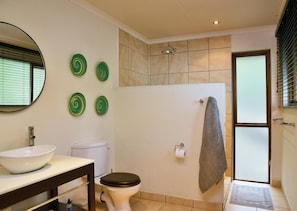 A bathroom with a white sink, toilet, and shower. There are green decorative plates on the wall and a towel hanging on the shower door. - Nibela Lake Lodge (KwaNibela)