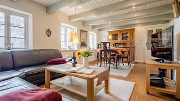 Tv, eldstad, dvd-spelare och en stereo