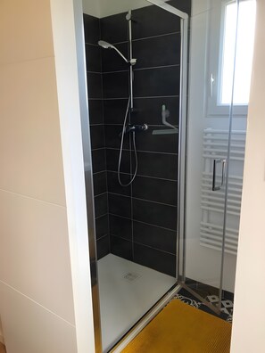 Shower, hair dryer, towels