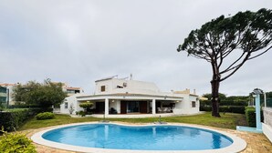 Et hus med swimmingpool, omgivet af have og et stort træ.