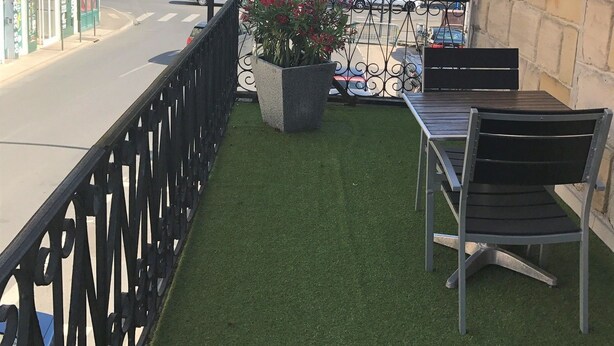 A hotel balcony with artificial grass, a potted plant, and a metal railing.