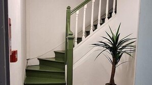 A staircase with green steps and white railings, leading to an upper floor. A small potted plant is placed on a white stool beside the stairs.