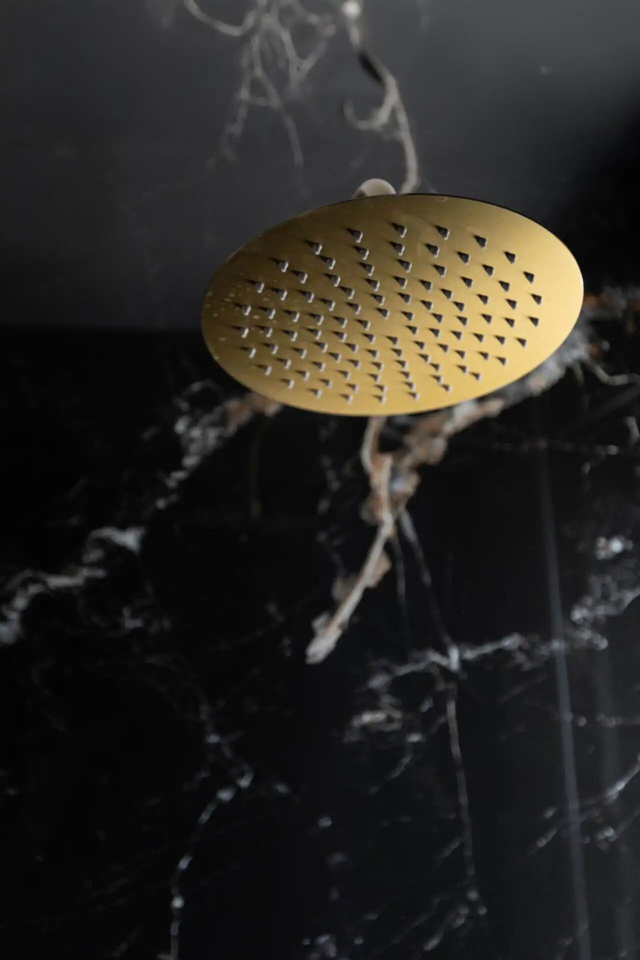 A bathroom with a black marble countertop and a gold-colored showerhead.