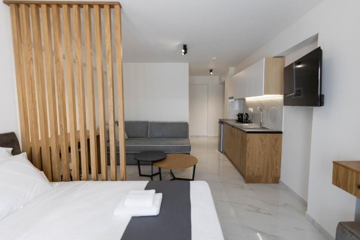 Una habitación de hotel moderna con una cama, un escritorio pequeño, un sofá y una kitchenette.