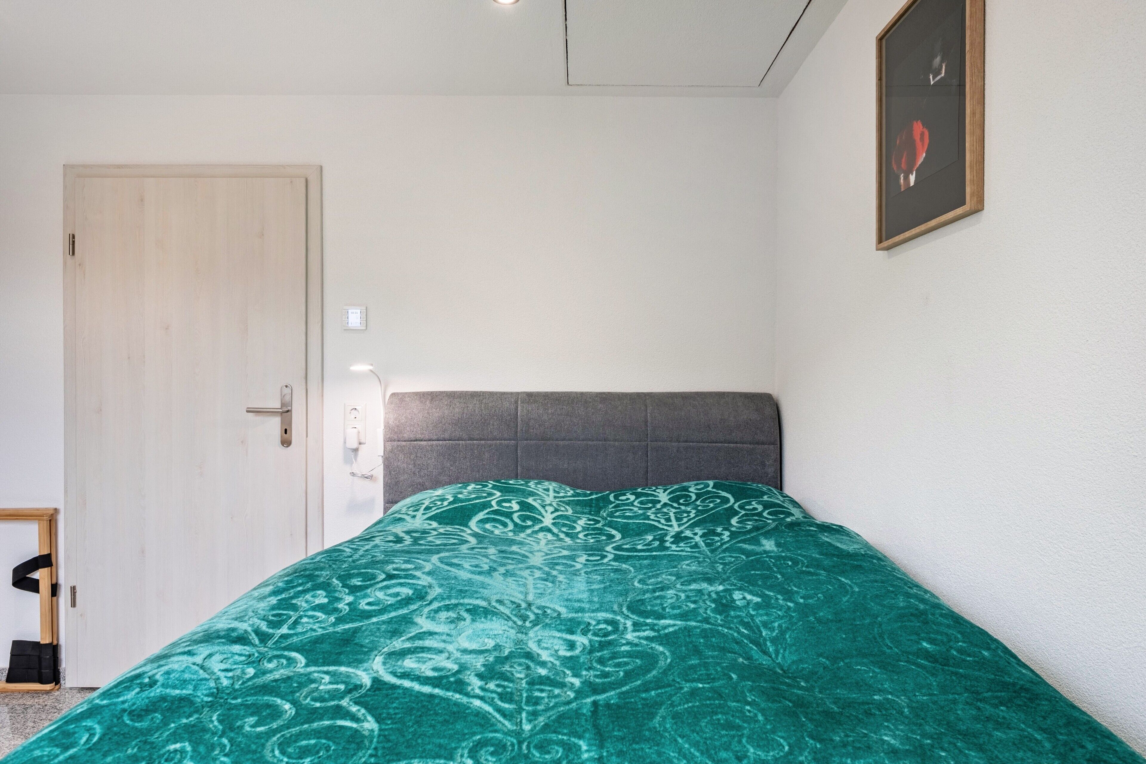 A bedroom with a bed, a door, and a framed picture on the wall.