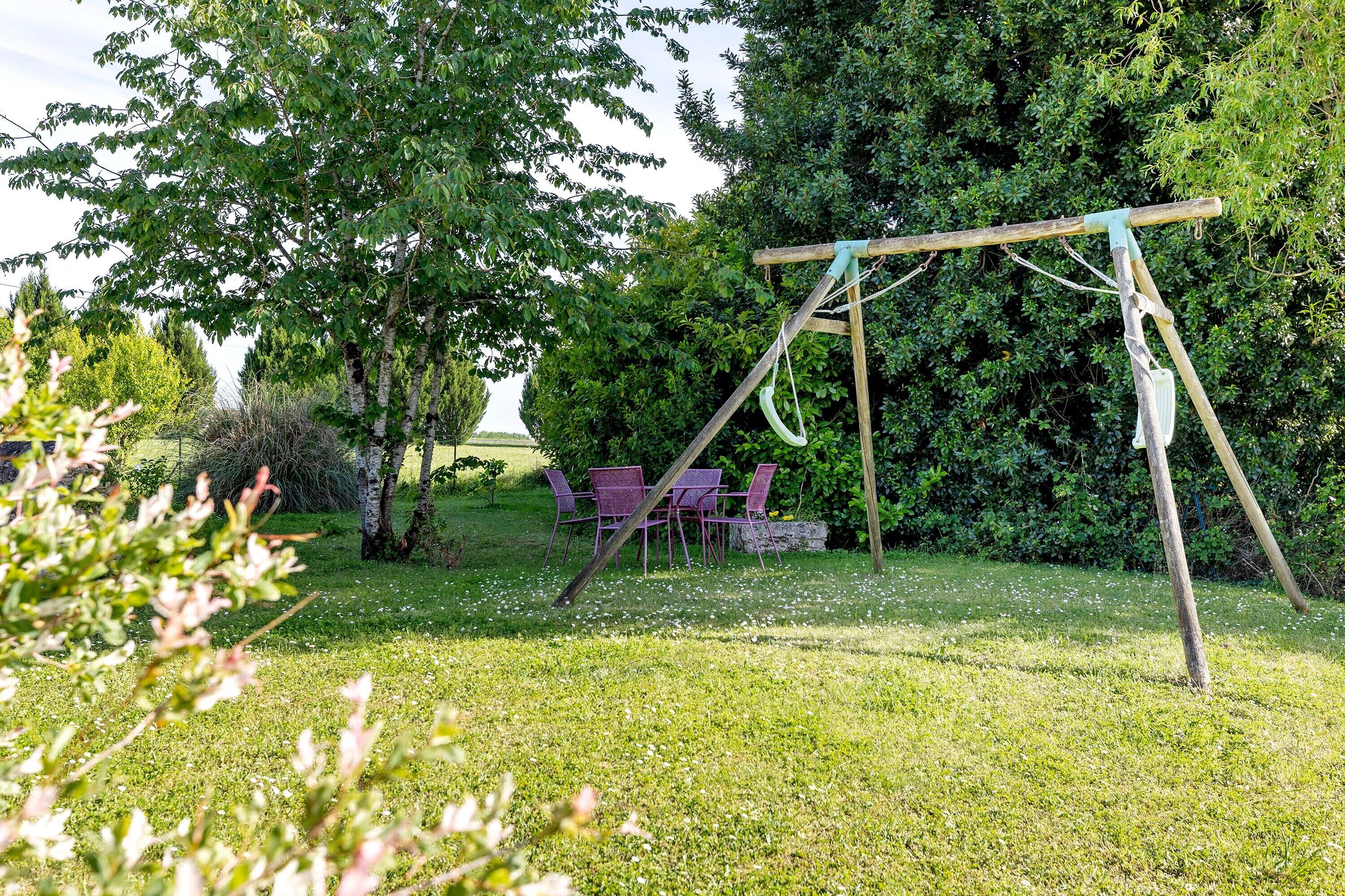 Un jardin avec une balançoire, une table et des chaises, et une zone herbeuse.