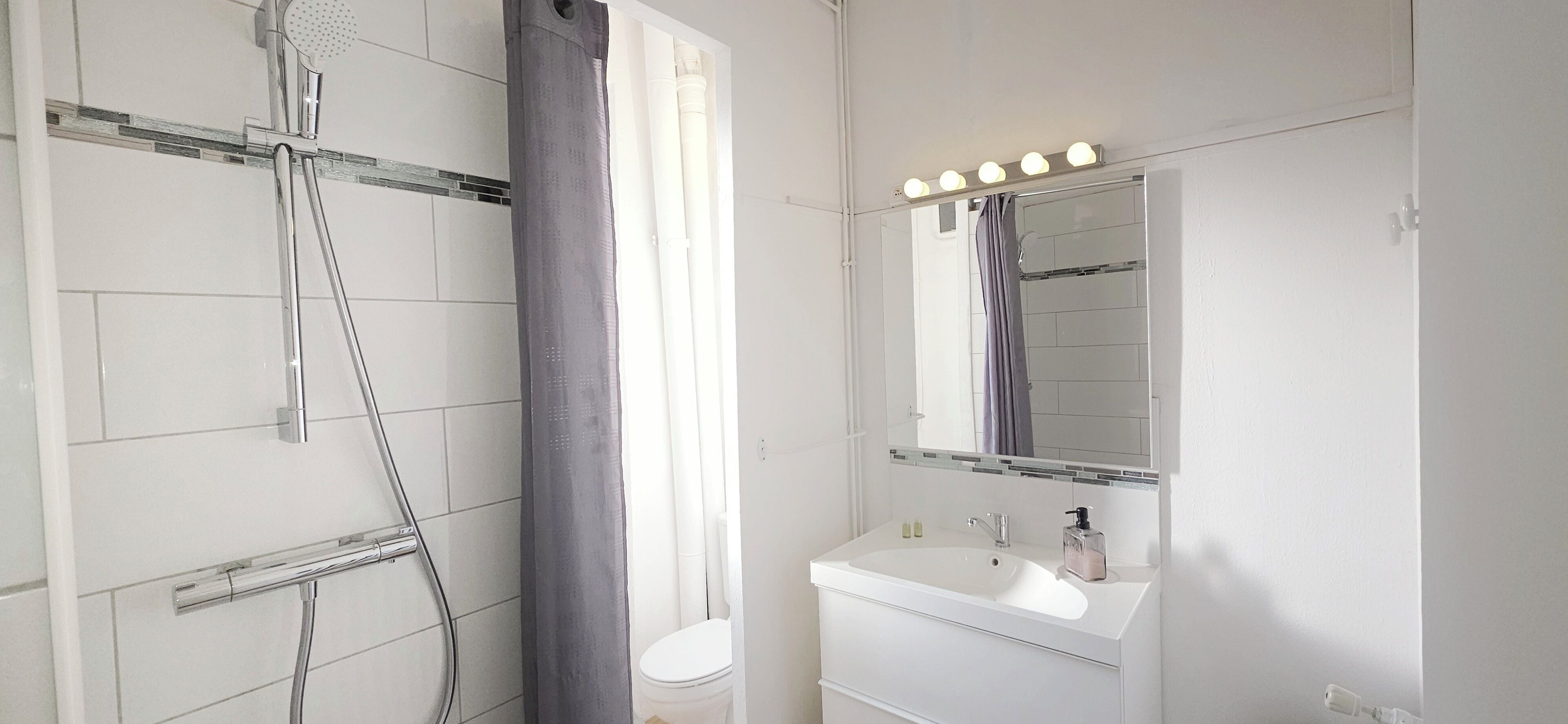 A modern bathroom with a shower, toilet, and vanity.