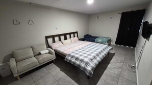 Ein Schlafzimmer mit einem Bett, einem Sofa, einem Fernseher und einem Vorhang.