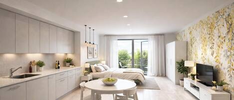 Apartment, Balcony | Hypo-allergenic bedding, down comforters, memory foam beds, in-room safe