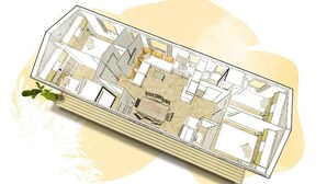 Een 3D-architectonisch model van een modern gebouw met verschillende vertrekken, waaronder een centrale woonruimte, keuken en slaapkamers.