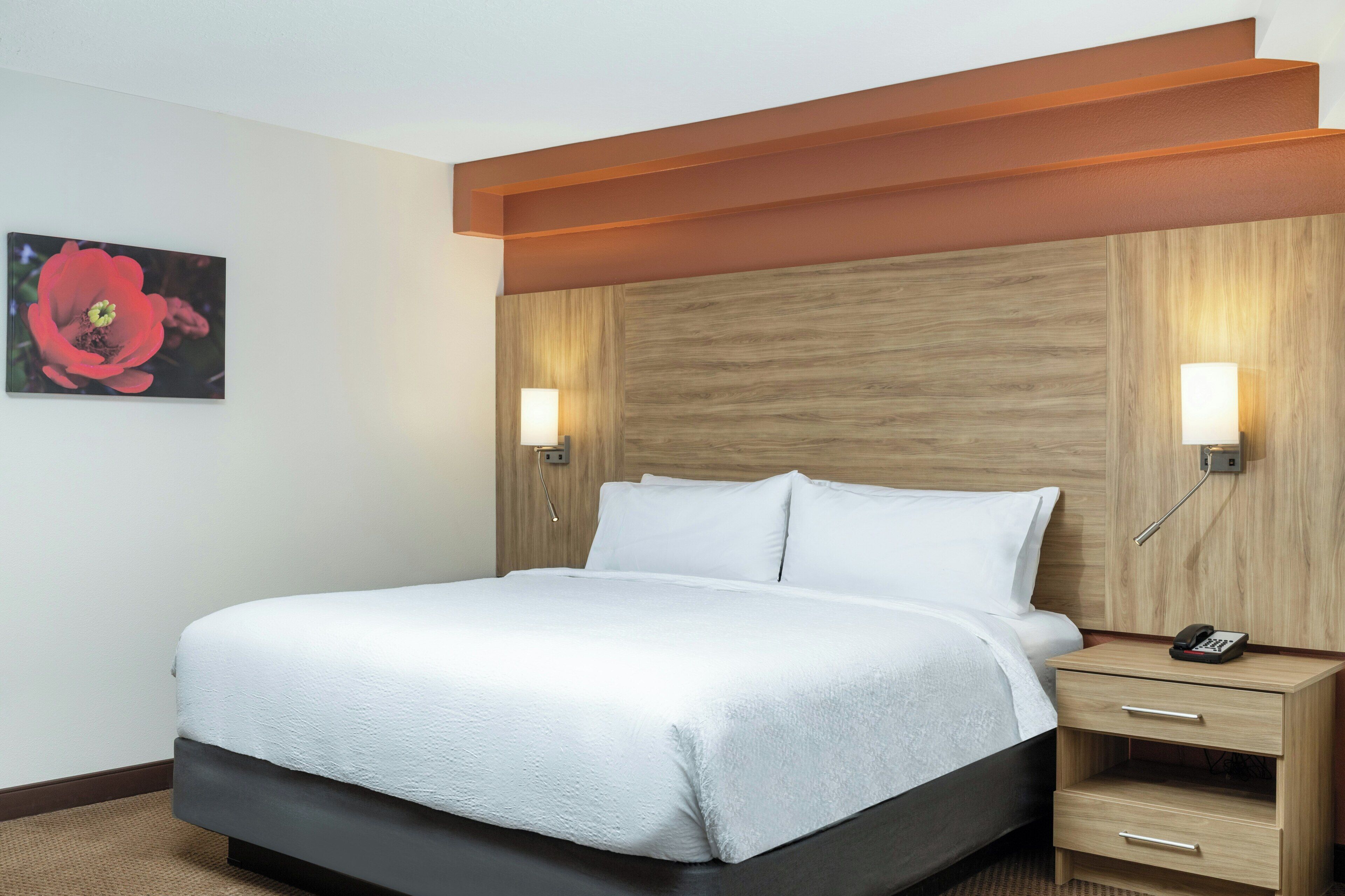 Un cuarto de hotel con una cama grande, dos mesitas de noche con lámparas, un cabecero de madera y un cuadro en la pared.