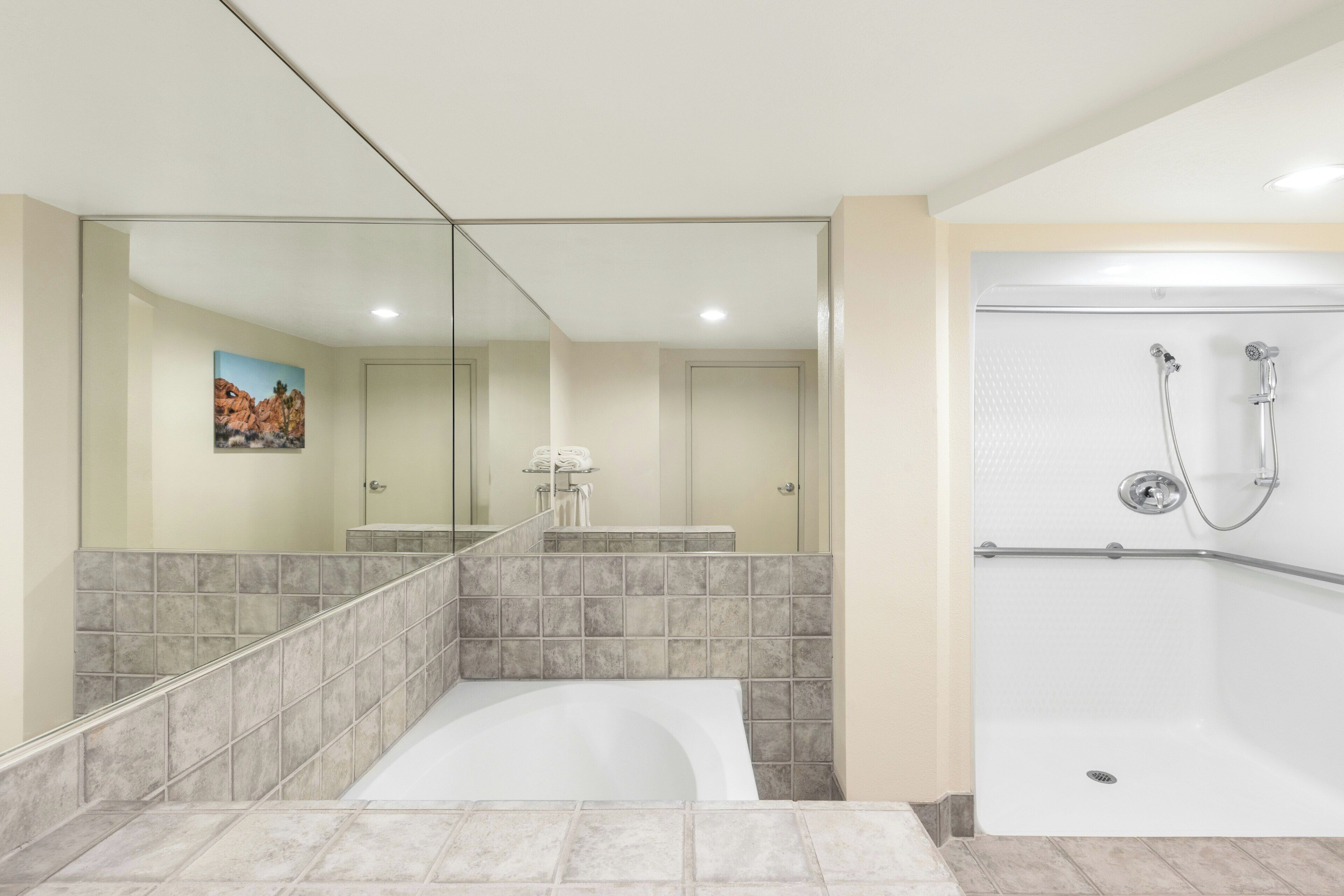 A modern bathroom with a bathtub, a shower, and a large mirror.