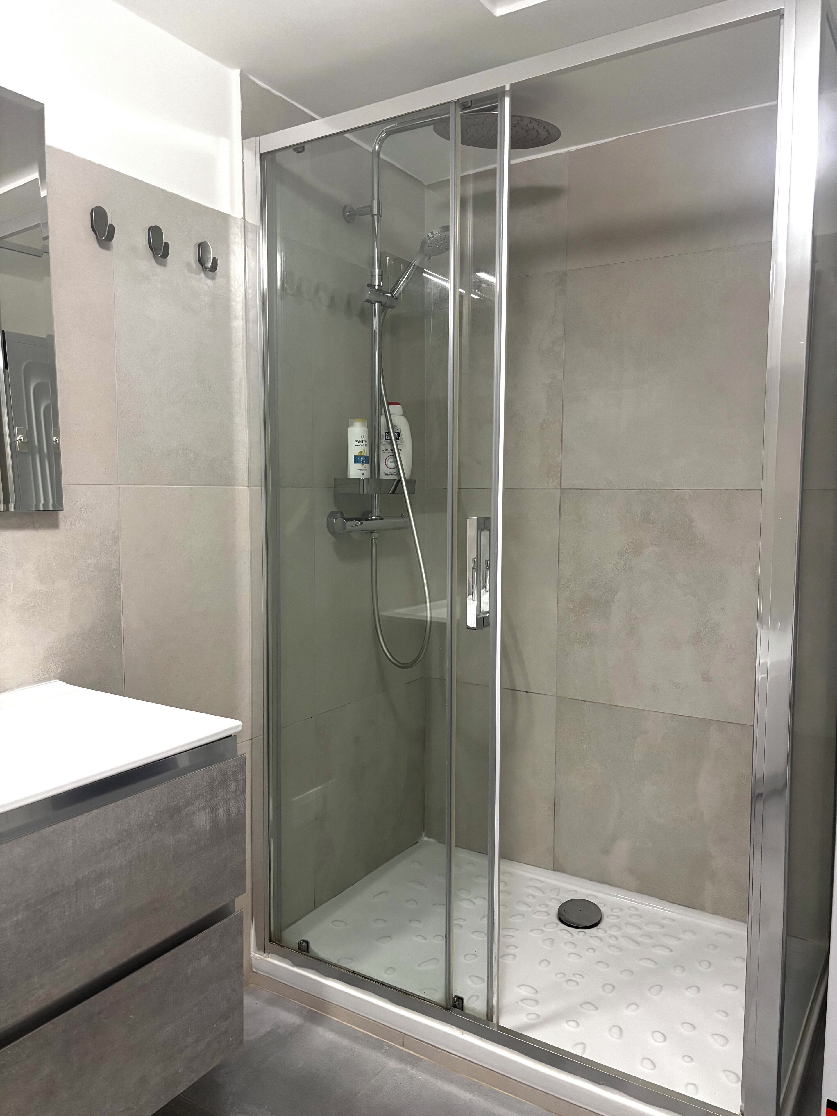 Shower, jetted tub, hair dryer, bidet