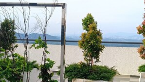 A terrace with potted plants, a metal frame structure, and a view of the sea.