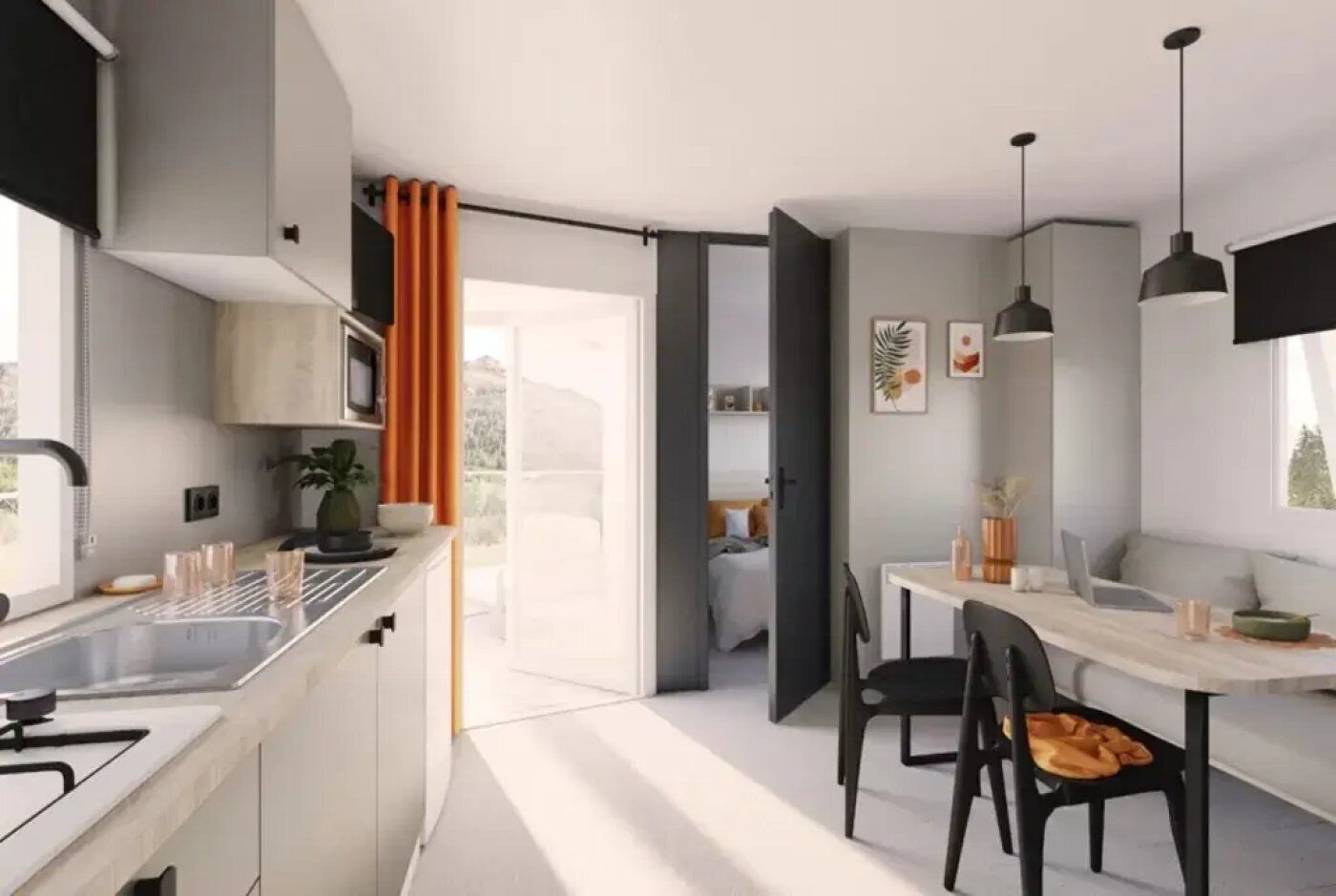 Frigorífico, microondas y placa de cocina