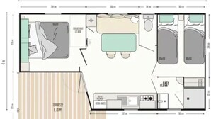 A hotel room layout with a bed, a sitting area, a kitchenette, and a terrace. - ZEcamping 3* animaux acceptés locatif TV clim 23m2 4 pers (Divonne les Bains)