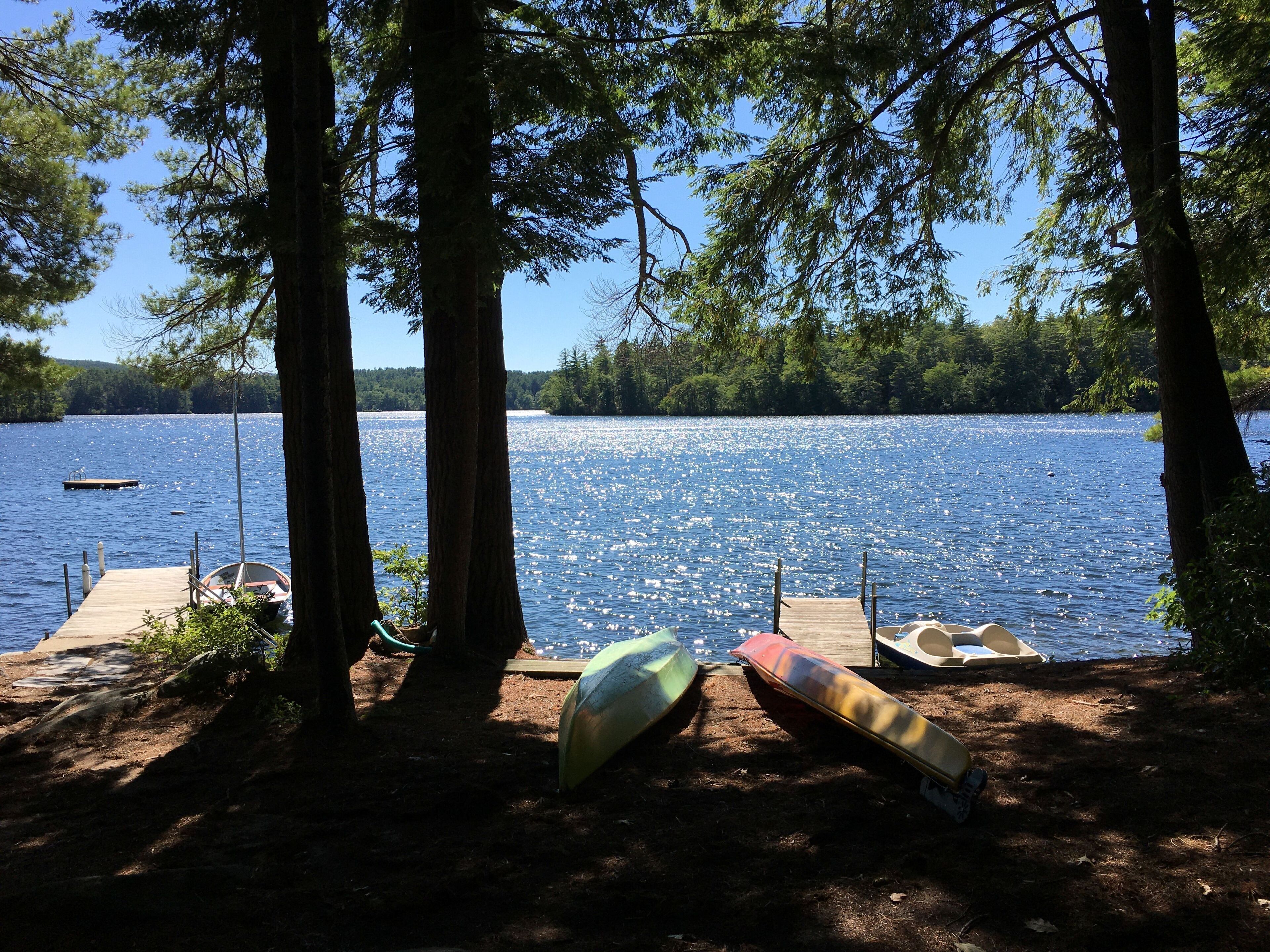 En vy över en sjö med en brygga, båtar och träd.