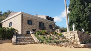 A stone house with a flat roof, a staircase leading to the entrance, and a large tree to the right. - B B La Casa Del Poeta (Enna)