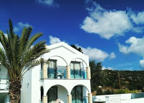 A white building with balconies, arched windows, and a palm tree.