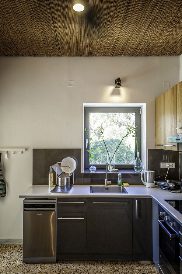 A modern kitchen with a built-in dishwasher, stainless steel appliances, a window with a view of greenery, and a bamboo ceiling. - Myrtia Beach House (Chania)