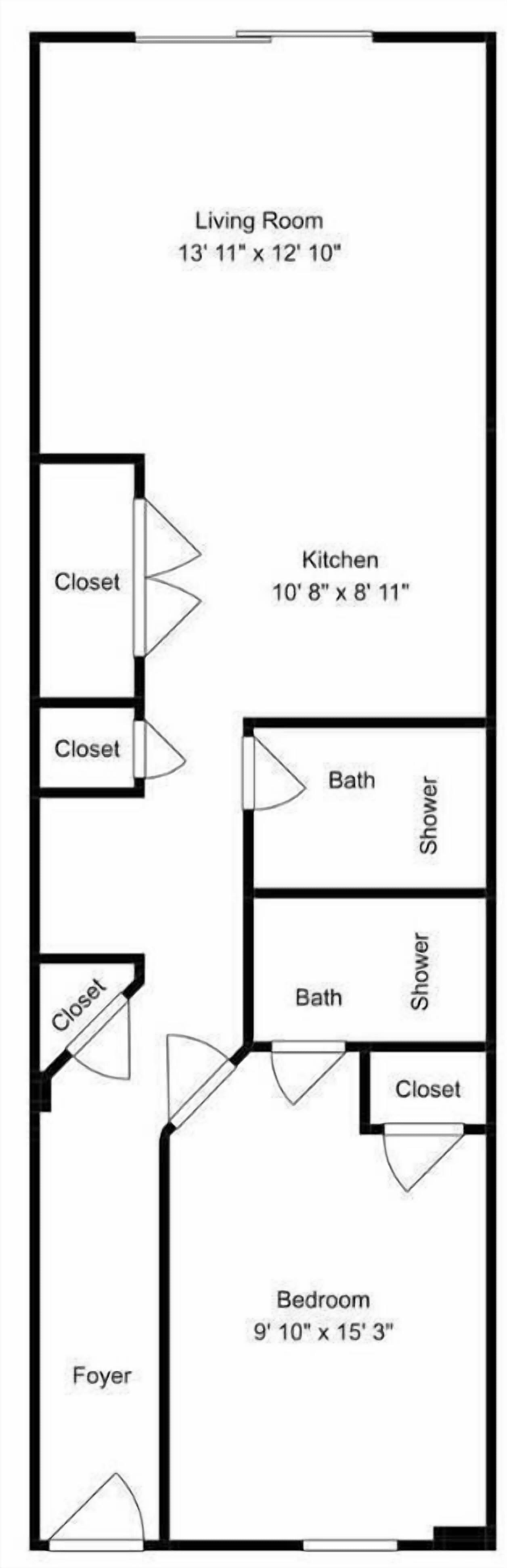 Planta baixa de uma casa com sala de estar medindo 4,2 x 3,9 metros, cozinha medindo 3,2 x 2,6 metros, dois banheiros, um quarto medindo 3 x 4,6 metros e um hall de entrada.