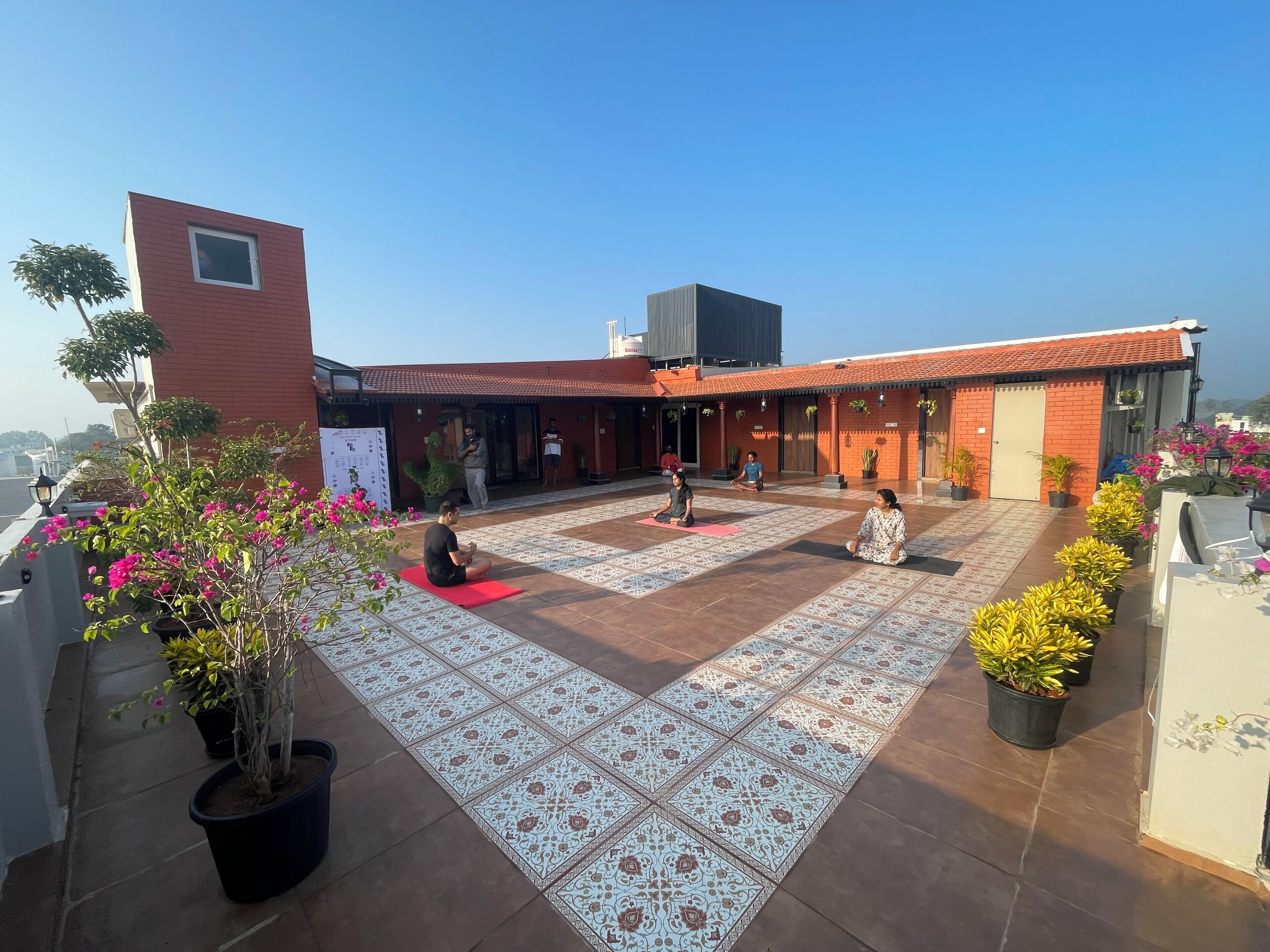 A rooftop with a patterned floor, potted plants, and a building with a red facade.