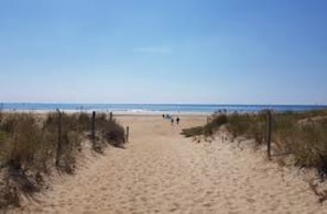 A sandy beach path leading to the ocean with sparse vegetation on either side. - SEASIDE CHALET 10 MIN WALK 6 PEOPLE ENCLOSED GARDEN CLOSE TO CYCLE PATHS (Erdeven)